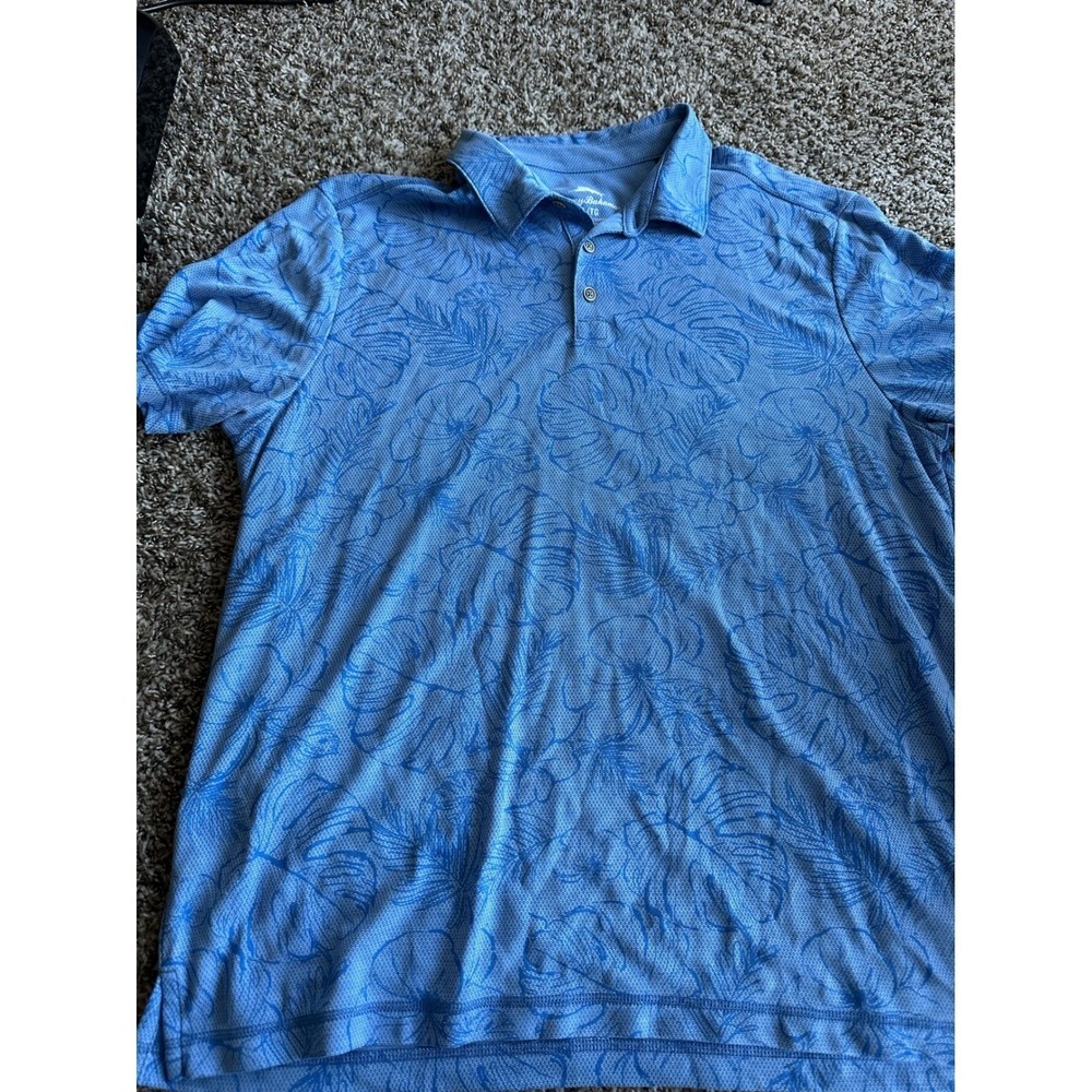 Tommy Bahama Mens XL Blue Tropical Monstera Leaf Print Performance Polo Shirt